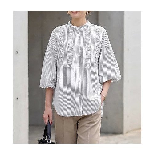 【スタイルデリ/STYLE DELI】のストライプ柄ヨーク装飾バンドカラーシャツ 人気、トレンドファッション・服の通販 founy(ファニー) 　ファッション　Fashion　レディースファッション　Fashion for Women　トップス・カットソー　Cut & Sew Tops　シャツ・ブラウス・オフィスカジュアル　Elegant Blouses & Button-Ups　イエロー　Yellow　カフス　Cuff Design　ギャザー　Gathered, Ruffled　シンプル　Simple, Minimal　ストライプ　Stripe, Striped Pattern　ストレート　Straight, Straight Cut　スリット　Slit, Slit Detail　長袖　Long Sleeve, Full Sleeve　パール　Pearl, Pearl Accent　フリル　Frill, Ruffle　フロント　Front, Front Design　ベスト　Vest, Waistcoat　ボーダー　Border, Stripe　ポケット　Pocket, Pocket Detail　ヨーク　Yoke, Yoke Design　夏　Summer　 other-1|ID: prp329100004927360 ipo3291000000036972518