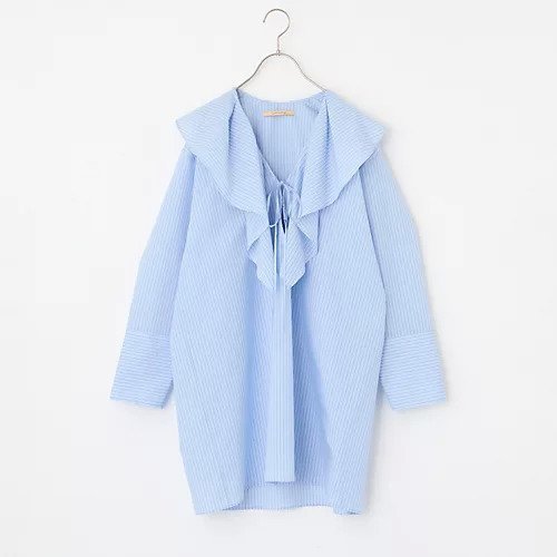 【カレンソロジー/Curensology】の【LEEマルシェ20th別注】【洗える】ストライプラッフルブラウス 人気、トレンドファッション・服の通販 founy(ファニー) 　ファッション　Fashion　レディースファッション　Fashion for Women　トップス・カットソー　Cut & Sew Tops　シャツ・ブラウス・オフィスカジュアル　Elegant Blouses & Button-Ups　ストライプ　Stripe, Striped Pattern　デニム　Denim, Jeans Material　フリル　Frill, Ruffle　ボトム　Bottoms, Lower Wear　今季　This Season, Current Season　別注　Limited Edition, Custom Order　洗える　Machine Washable　 other-1|ID: prp329100004935635 ipo3291000000037038597