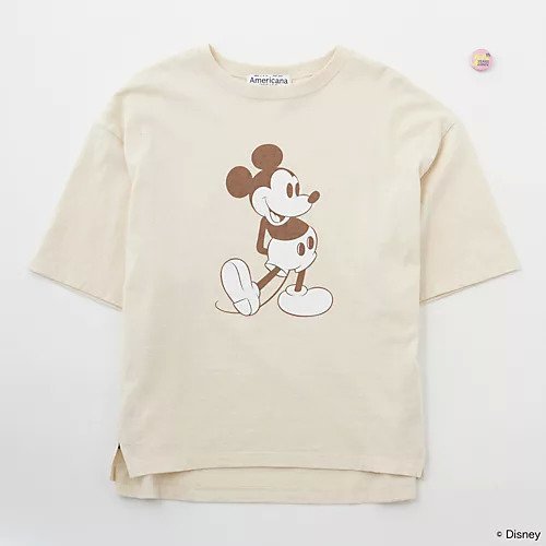 【アメリカーナ/Americana】の【LEEマルシェ20th別注】【洗える】Mickey Print TEE(バッヂ付) インテリア・キッズ・メンズ・レディースファッション・服の通販 founy(ファニー) 　ファッション　Fashion　レディースファッション　Fashion for Women　ショルダー　Shoulder, Shoulder Strap　スリット　Slit, Slit Detail　ドロップ　Drop Shoulder, Dropped Style　プリント　Print, Printed Pattern　別注　Limited Edition, Custom Order　洗える　Machine Washable　ベージュ|ID: prp329100004935653 ipo3291000000037038720