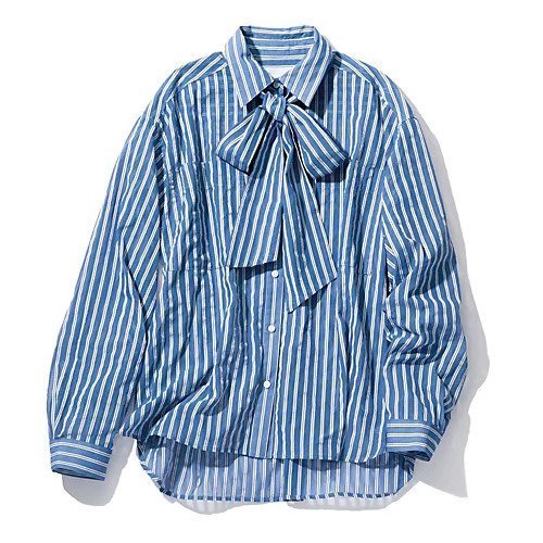 【エムセブンデイズ/M7days】の【加藤かすみさんコラボ】【洗える】透けストライプボウタイ付きシャツ インテリア・キッズ・メンズ・レディースファッション・服の通販 founy(ファニー) 　ファッション　Fashion　レディースファッション　Fashion for Women　トップス・カットソー　Cut & Sew Tops　シャツ・ブラウス・オフィスカジュアル　Elegant Blouses & Button-Ups　コラボ　Collaboration, Collab　ジャケット　Jacket, Outerwear　ストライプ　Stripe, Striped Pattern　リボン　Ribbon, Bow　洗える　Machine Washable　ブルーストライプ|ID: prp329100004935845 ipo3291000000037040055