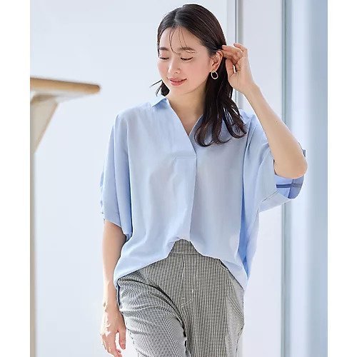 【エニー/ANY】の【新色追加】スキッパーネック袖タックブラウス インテリア・キッズ・メンズ・レディースファッション・服の通販 founy(ファニー) 　ファッション　Fashion　レディースファッション　Fashion for Women　トップス・カットソー　Cut & Sew Tops　シャツ・ブラウス・オフィスカジュアル　Elegant Blouses & Button-Ups　スキッパー　Skipper, Open Collar　ストライプ　Stripe, Striped Pattern　デニム　Denim, Jeans Material　フェミニン　Feminine, Girly　無地　Plain, Solid Color　ライトブルー|ID: prp329100004941685 ipo3291000000037088666