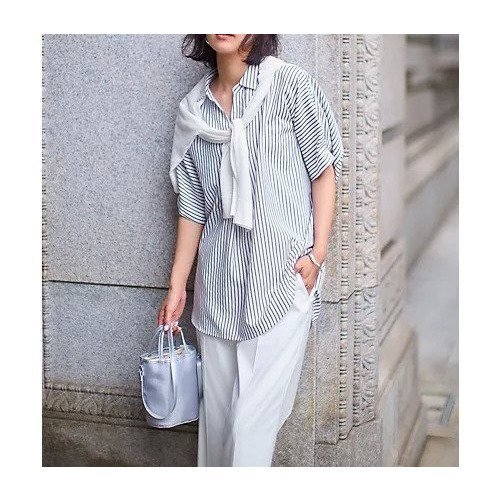 【エニー/ANY】の【新色追加】スキッパーネック袖タックブラウス 人気、トレンドファッション・服の通販 founy(ファニー) 　ファッション　Fashion　レディースファッション　Fashion for Women　トップス・カットソー　Cut & Sew Tops　シャツ・ブラウス・オフィスカジュアル　Elegant Blouses & Button-Ups　スキッパー　Skipper, Open Collar　ストライプ　Stripe, Striped Pattern　デニム　Denim, Jeans Material　フェミニン　Feminine, Girly　無地　Plain, Solid Color　other-3|ID: prp329100004941685 ipo3291000000037088672