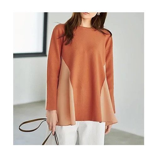【スタイルデリ/STYLE DELI】のジョーゼットコンビフレアニット インテリア・キッズ・メンズ・レディースファッション・服の通販 founy(ファニー) 　ファッション　Fashion　レディースファッション　Fashion for Women　トップス・カットソー　Cut & Sew Tops　ニット　Knit Tops & Sweaters　オレンジ　Orange　ジャケット　Jacket, Outerwear　ジョーゼット　Georgette, Semi-Sheer Fabric　ダメージ　Distressed, Destroyed　チュニック　Tunic, Long Top　定番　Standard, Basic Item　なめらか　Smooth, Silky Texture　人気　Popular, Best Seller　フィット　Fit, Slim Fit　ペンシル　Pencil, Pencil Skirt　ミドル　Middle Length, Mid Height　おすすめ　Recommended / Our Picks　ソフトオレンジ|ID: prp329100004960466 ipo3291000000037218555