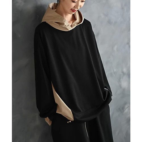 【スタイルデリ/STYLE DELI】の【BLK001】異素材使いフーディープルオーバー 人気、トレンドファッション・服の通販 founy(ファニー) 　ファッション　Fashion　レディースファッション　Fashion for Women　トップス・カットソー　Cut & Sew Tops　カジュアルプルオーバー・ニットトップス　Pullovers & Knit Tops / Casual Pullovers　カットソー　Cut and Sewn Top　スリット　Slit, Slit Detail　チェック　Check, Plaid, Tartan　定番　Standard, Basic Item　ブラウジング　Blouson Silhouette, Cinched Waist　おすすめ　Recommended / Our Picks　夏　Summer　旅行　Travel　 other-1|ID: prp329100004960654 ipo3291000000037219578