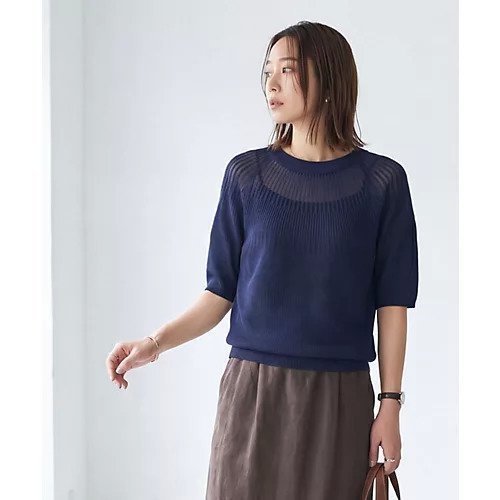 【スタイルデリ/STYLE DELI】のデコルテシアー5分袖シャリ感ニットトップス 人気、トレンドファッション・服の通販 founy(ファニー) 　ファッション　Fashion　レディースファッション　Fashion for Women　トップス・カットソー　Cut & Sew Tops　ニット　Knit Tops & Sweaters　イエロー　Yellow　インナー　Innerwear　サマー　Summer, Summer Style　サロペット　Overalls, Salopette　シアー　Sheer, See-Through　ジャケット　Jacket, Outerwear　ストライプ　Stripe, Striped Pattern　スマート　Smart, Elegant　スリット　Slit, Slit Detail　デコルテ　Décolleté, Neckline　定番　Standard, Basic Item　フィット　Fit, Slim Fit　ポケット　Pocket, Pocket Detail　半袖　Short Sleeve, Half Sleeve　夏　Summer　 other-1|ID: prp329100004960843 ipo3291000000037220511