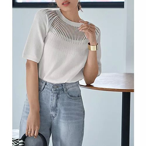 【スタイルデリ/STYLE DELI】のデコルテシアー5分袖シャリ感ニットトップス インテリア・キッズ・メンズ・レディースファッション・服の通販 founy(ファニー) 　ファッション　Fashion　レディースファッション　Fashion for Women　トップス・カットソー　Cut & Sew Tops　ニット　Knit Tops & Sweaters　イエロー　Yellow　インナー　Innerwear　サマー　Summer, Summer Style　サロペット　Overalls, Salopette　シアー　Sheer, See-Through　ジャケット　Jacket, Outerwear　ストライプ　Stripe, Striped Pattern　スマート　Smart, Elegant　スリット　Slit, Slit Detail　デコルテ　Décolleté, Neckline　定番　Standard, Basic Item　フィット　Fit, Slim Fit　ポケット　Pocket, Pocket Detail　半袖　Short Sleeve, Half Sleeve　夏　Summer　ホワイト|ID: prp329100004960843 ipo3291000000037220515