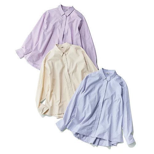 【ドロウェル/drawell】のバックフレアシャツ 人気、トレンドファッション・服の通販 founy(ファニー) 　ファッション　Fashion　レディースファッション　Fashion for Women　トップス・カットソー　Cut & Sew Tops　シャツ・ブラウス・オフィスカジュアル　Elegant Blouses & Button-Ups　バッグ　Bags　ストライプ　Stripe, Striped Pattern　パステル　Pastel, Soft Color　フレア　Flare, Flared　夏　Summer　洗える　Machine Washable　other-2|ID: prp329100004961327 ipo3291000000037222903