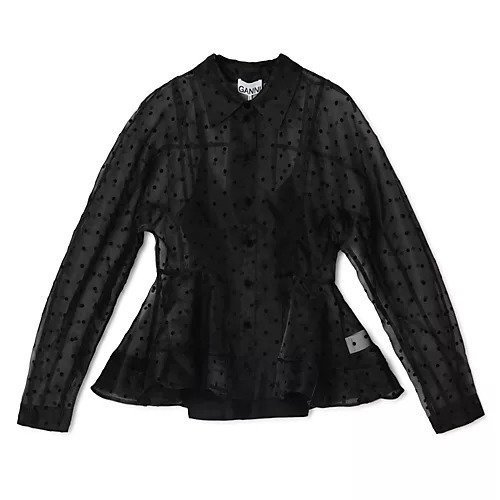 【ガニー/GANNI】のFlocked Organza Peplum Shirt インテリア・キッズ・メンズ・レディースファッション・服の通販 founy(ファウニー) https://founy.com/ ファッション Fashion レディースファッション Fashion for Women トップス・カットソー Cut & Sew Tops シャツ・ブラウス・オフィスカジュアル Elegant Blouses & Button-Ups エレガント 上品 Elegant オーガンジー Organza Fabric シアー Sheer, See-Through シェイプ Shape, Slim Fit ベロア Velour, Soft Velvet ペプラム Peplum, Flared Hem |ID: prp329100004961523 ipo3291000000037241303