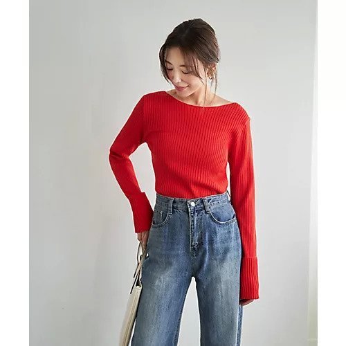 【スタイルデリ/STYLE DELI】の袖口折り返しボートネックリブトップス インテリア・キッズ・メンズ・レディースファッション・服の通販 founy(ファニー) 　ファッション　Fashion　レディースファッション　Fashion for Women　トップス・カットソー　Cut & Sew Tops　イエロー　Yellow　オレンジ　Orange　カットソー　Cut and Sewn Top　シンプル　Simple, Minimal　ストレート　Straight, Straight Cut　スリット　Slit, Slit Detail　定番　Standard, Basic Item　人気　Popular, Best Seller　長袖　Long Sleeve, Full Sleeve　夏　Summer　ブライトレッド|ID: prp329100004961867 ipo3291000000037225746