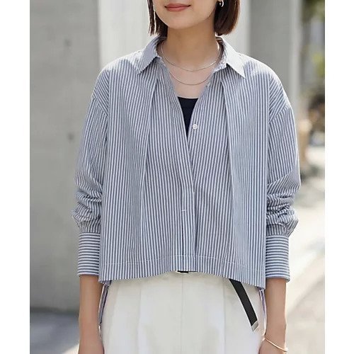 【スタイルデリ/STYLE DELI】の【selection】ストライプ柄立体タックショートシャツ インテリア・キッズ・メンズ・レディースファッション・服の通販 founy(ファニー) 　ファッション　Fashion　レディースファッション　Fashion for Women　トップス・カットソー　Cut & Sew Tops　シャツ・ブラウス・オフィスカジュアル　Elegant Blouses & Button-Ups　イエロー　Yellow　ショート　Short, Short Length　ジャケット　Jacket, Outerwear　ストライプ　Stripe, Striped Pattern　デニム　Denim, Jeans Material　バランス　Balance, Style Balance　フォルム　Silhouette, Form　フレア　Flare, Flared　フロント　Front, Front Design　ボーダー　Border, Stripe　リラックス　Relax, Relaxed Fit　ワイド　Wide, Wide Fit　エレガント 上品　Elegant　ブルー|ID: prp329100004961886 ipo3291000000037225860