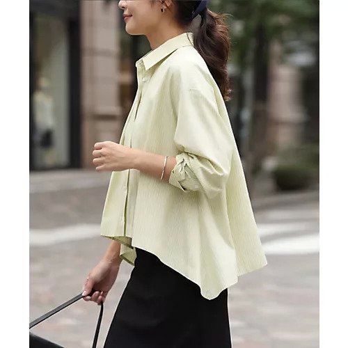 【スタイルデリ/STYLE DELI】の【selection】ストライプ柄立体タックショートシャツ 人気、トレンドファッション・服の通販 founy(ファニー) 　ファッション　Fashion　レディースファッション　Fashion for Women　トップス・カットソー　Cut & Sew Tops　シャツ・ブラウス・オフィスカジュアル　Elegant Blouses & Button-Ups　イエロー　Yellow　ショート　Short, Short Length　ジャケット　Jacket, Outerwear　ストライプ　Stripe, Striped Pattern　デニム　Denim, Jeans Material　バランス　Balance, Style Balance　フォルム　Silhouette, Form　フレア　Flare, Flared　フロント　Front, Front Design　ボーダー　Border, Stripe　リラックス　Relax, Relaxed Fit　ワイド　Wide, Wide Fit　エレガント 上品　Elegant　other-3|ID: prp329100004961886 ipo3291000000037225864