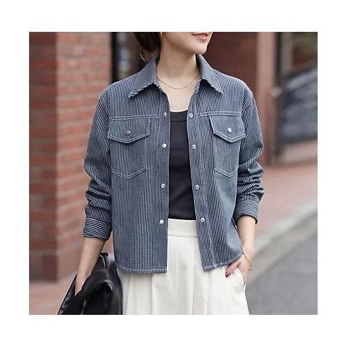 【スタイルデリ/STYLE DELI】のヒッコリーストライプ柄シャツジャケット インテリア・キッズ・メンズ・レディースファッション・服の通販 founy(ファウニー) https://founy.com/ ファッション Fashion レディースファッション Fashion for Women アウター Coat / Outerwear Collection レディースジャケット・軽アウター Jackets 春 Spring 秋 Autumn コンパクト Compact, Small Size サロペット Overalls, Salopette シルバー Silver, Metallic Silver シンプル Simple, Minimal ジャケット Jacket, Outerwear ストライプ Stripe, Striped Pattern ストレート Straight, Straight Cut スリット Slit, Slit Detail デニム Denim, Jeans Material 長袖 Long Sleeve, Full Sleeve バランス Balance, Style Balance フロント Front, Front Design ボレロ Bolero, Short Cardigan ポケット Pocket, Pocket Detail 無地 Plain, Solid Color ロング Long, Long-Length ワイド Wide, Wide Fit 夏 Summer |ID: prp329100004961929 ipo3291000000037358013
