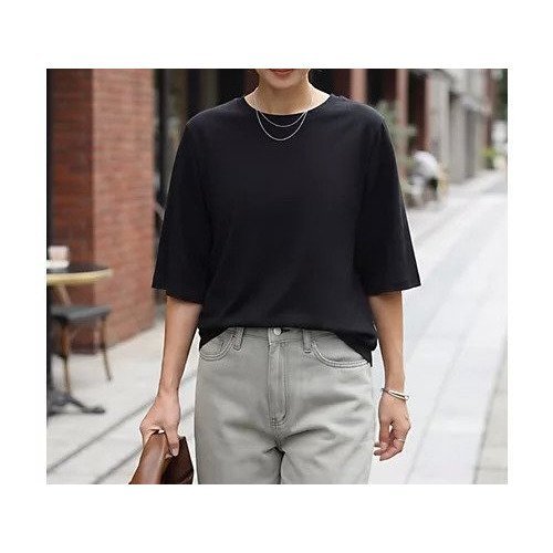 【スタイルデリ/STYLE DELI】の大人の上腕カバー首開きやわらかTシャツ インテリア・キッズ・メンズ・レディースファッション・服の通販 founy(ファニー) 　ファッション　Fashion　レディースファッション　Fashion for Women　トップス・カットソー　Cut & Sew Tops　シャツ・ブラウス・オフィスカジュアル　Elegant Blouses & Button-Ups　ロングTシャツ・Tシャツ　Longline T-Shirts & Tees　イエロー　Yellow　春　Spring　サロペット　Overalls, Salopette　ショルダー　Shoulder, Shoulder Strap　シンプル　Simple, Minimal　ジャケット　Jacket, Outerwear　ストレート　Straight, Straight Cut　スリット　Slit, Slit Detail　ドロップ　Drop Shoulder, Dropped Style　定番　Standard, Basic Item　人気　Popular, Best Seller　フォルム　Silhouette, Form　ベスト　Vest, Waistcoat　S/S・春夏　SS, Spring/Summer, Warm Season　夏　Summer　ブラック|ID: prp329100004961978 ipo3291000000037226430