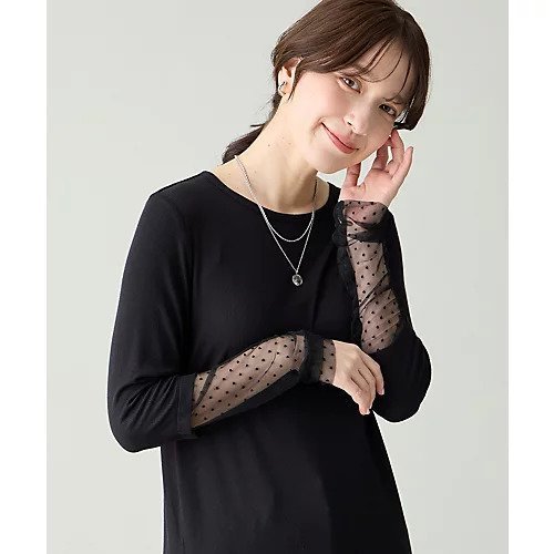 【エニー/ANY】の袖ドットチュールコンビインナー インテリア・キッズ・メンズ・レディースファッション・服の通販 founy(ファニー) 　ファッション　Fashion　レディースファッション　Fashion for Women　トップス・カットソー　Cut & Sew Tops　カーディガン　Cardigan, Knitwear　シアー　Sheer, See-Through　シャーリング　Shirring, Ruched　ストレッチ　Stretch, Stretchy Fabric　チュール　Tulip, Tulip Motif　ブラック|ID: prp329100004962012 ipo3291000000037226651