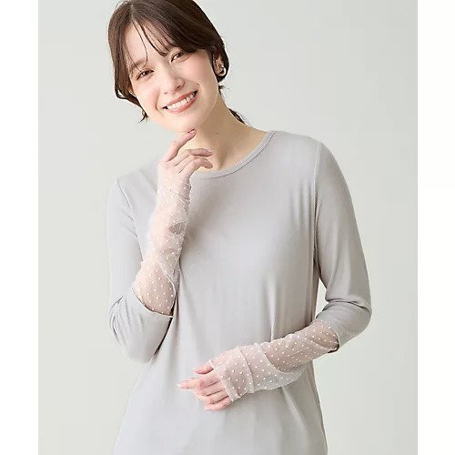 【エニー/ANY】の袖ドットチュールコンビインナー インテリア・キッズ・メンズ・レディースファッション・服の通販 founy(ファニー) 　ファッション　Fashion　レディースファッション　Fashion for Women　トップス・カットソー　Cut & Sew Tops　カーディガン　Cardigan, Knitwear　シアー　Sheer, See-Through　シャーリング　Shirring, Ruched　ストレッチ　Stretch, Stretchy Fabric　チュール　Tulip, Tulip Motif　ライトグレー|ID: prp329100004962012 ipo3291000000037226653