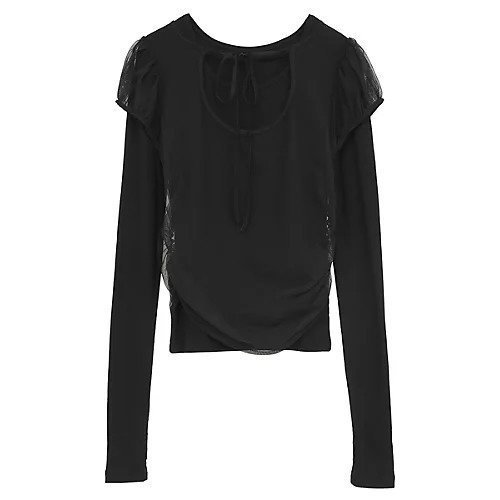 【クラネ/CLANE】のLAYERED TULLE RIBBON CUT TOPS インテリア・キッズ・メンズ・レディースファッション・服の通販 founy(ファニー) 　ファッション　Fashion　レディースファッション　Fashion for Women　トップス・カットソー　Cut & Sew Tops　カットソー　Cut and Sewn Top　ストレッチ　Stretch, Stretchy Fabric　スリーブ　Sleeve, Long Sleeve / Short Sleeve　バランス　Balance, Style Balance　BLACK|ID: prp329100004963638 ipo3291000000037243171