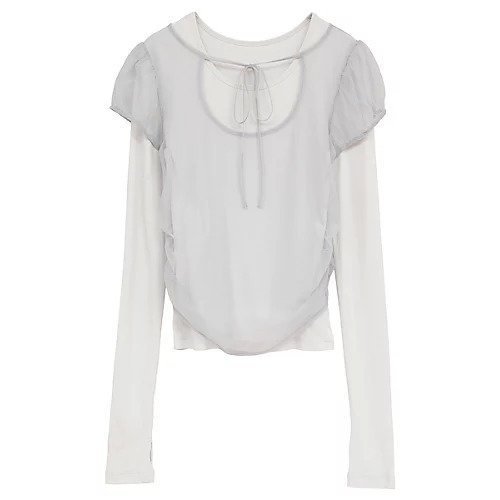 【クラネ/CLANE】のLAYERED TULLE RIBBON CUT TOPS インテリア・キッズ・メンズ・レディースファッション・服の通販 founy(ファニー) 　ファッション　Fashion　レディースファッション　Fashion for Women　トップス・カットソー　Cut & Sew Tops　カットソー　Cut and Sewn Top　ストレッチ　Stretch, Stretchy Fabric　スリーブ　Sleeve, Long Sleeve / Short Sleeve　バランス　Balance, Style Balance　GRAY|ID: prp329100004963638 ipo3291000000037243172