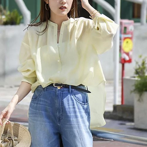 【ノーリーズ/NOLLEY'S】のウォッシャブルサイドボタンシアーブラウス インテリア・キッズ・メンズ・レディースファッション・服の通販 founy(ファウニー) 　ファッション　Fashion　レディースファッション　Fashion for Women　トップス・カットソー　Cut & Sew Tops　シャツ・ブラウス・オフィスカジュアル　Elegant Blouses & Button-Ups　2026年　2026　2026春夏・S/S　Spring/Summer 2026 SS26　オーガンジー　Organza Fabric　ストライプ　Stripe, Striped Pattern　スリット　Slit, Slit Detail　ロング　Long, Long-Length　イエロー|ID: prp329100004964129 ipo3291000000037249450