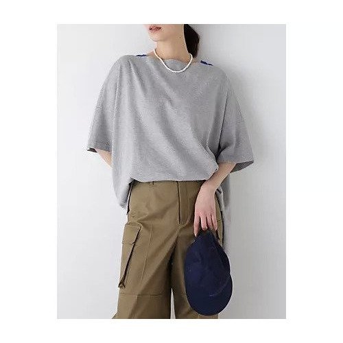 【ヒューマンウーマン/HUMAN WOMAN】の天竺カットソー インテリア・キッズ・メンズ・レディースファッション・服の通販 founy(ファウニー) 　ファッション　Fashion　レディースファッション　Fashion for Women　トップス・カットソー　Cut & Sew Tops　カットソー・ベーシックTシャツ　Cut-and-Sewn Tops / Stretch Tees & Basics　おすすめ　Recommended / Our Picks　カットソー　Cut and Sewn Top　カーゴパンツ　Cargo Pants, Utility Pants　シンプル　Simple, Minimal　スタンダード　Standard, Basic　デニム　Denim, Jeans Material　バランス　Balance, Style Balance　フレンチ　French, French Style　フロント　Front, Front Design　ボトム　Bottoms, Lower Wear　ルーズ　Loose, Oversized　グレー×ブルー|ID: prp329100004964358 ipo3291000000037250808
