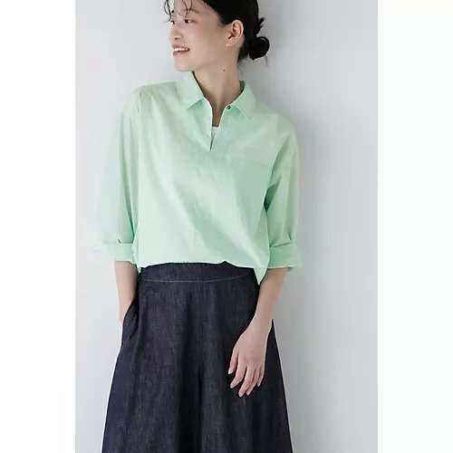 【ヒューマンウーマン/HUMAN WOMAN】のエアリーコットンスキッパープルオーバー インテリア・キッズ・メンズ・レディースファッション・服の通販 founy(ファウニー) 　ファッション　Fashion　レディースファッション　Fashion for Women　トップス・カットソー　Cut & Sew Tops　カジュアルプルオーバー・ニットトップス　Pullovers & Knit Tops / Casual Pullovers　おすすめ　Recommended / Our Picks　カフス　Cuff Design　スキッパー　Skipper, Open Collar　スタンダード　Standard, Basic　ストライプ　Stripe, Striped Pattern　セットアップ　Set-Up, Coordinated Outfit　デニム　Denim, Jeans Material　ボックス　Boxy, Box Shape　ボトム　Bottoms, Lower Wear　無地　Plain, Solid Color　ミントグリーン|ID: prp329100004964492 ipo3291000000037251442
