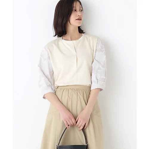 【ヒューマンウーマン/HUMAN WOMAN】のカットジャガードストライプトップス インテリア・キッズ・メンズ・レディースファッション・服の通販 founy(ファウニー) 　ファッション　Fashion　レディースファッション　Fashion for Women　トップス・カットソー　Cut & Sew Tops　おすすめ　Recommended / Our Picks　カットソー　Cut and Sewn Top　スタンダード　Standard, Basic　ストライプ　Stripe, Striped Pattern　ボトム　Bottoms, Lower Wear　ラッセル　Raschel, Raschel Lace　リーフ　Leaf, Botanical Leaf　エレガント 上品　Elegant　ベージュ|ID: prp329100004964660 ipo3291000000037252286
