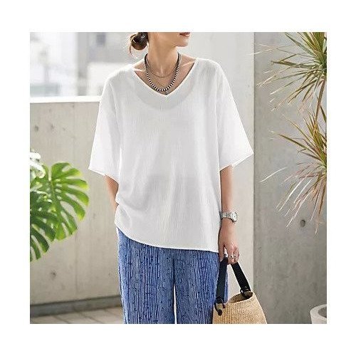 【スタイルデリ/STYLE DELI】の微シアー楊柳VネックTシャツ型ブラウス インテリア・キッズ・メンズ・レディースファッション・服の通販 founy(ファウニー) 　ファッション　Fashion　レディースファッション　Fashion for Women　トップス・カットソー　Cut & Sew Tops　シャツ・ブラウス・オフィスカジュアル　Elegant Blouses & Button-Ups　ロングTシャツ・Tシャツ　Longline T-Shirts & Tees　Vネックトップス　V-Neck Tops / V-Cut Neckline Shirts　イエロー　Yellow　インナー　Innerwear　エアリー　Airy Texture　カーディガン　Cardigan, Knitwear　シアー　Sheer, See-Through　ショルダー　Shoulder, Shoulder Strap　シンプル　Simple, Minimal　ジャケット　Jacket, Outerwear　スリット　Slit, Slit Detail　スリーブ　Sleeve, Long Sleeve / Short Sleeve　タンク　Tank Top, Sleeveless Top　デコルテ　Décolleté, Neckline　ドロップ　Drop Shoulder, Dropped Style　定番　Standard, Basic Item　フレア　Flare, Flared　夏　Summer　エレガント 上品　Elegant　ホワイト|ID: prp329100004971004 ipo3291000000037278317