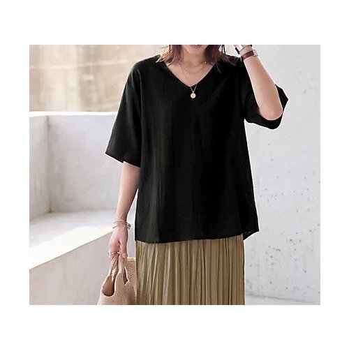 【スタイルデリ/STYLE DELI】の微シアー楊柳VネックTシャツ型ブラウス インテリア・キッズ・メンズ・レディースファッション・服の通販 founy(ファウニー) 　ファッション　Fashion　レディースファッション　Fashion for Women　トップス・カットソー　Cut & Sew Tops　シャツ・ブラウス・オフィスカジュアル　Elegant Blouses & Button-Ups　ロングTシャツ・Tシャツ　Longline T-Shirts & Tees　Vネックトップス　V-Neck Tops / V-Cut Neckline Shirts　イエロー　Yellow　インナー　Innerwear　エアリー　Airy Texture　カーディガン　Cardigan, Knitwear　シアー　Sheer, See-Through　ショルダー　Shoulder, Shoulder Strap　シンプル　Simple, Minimal　ジャケット　Jacket, Outerwear　スリット　Slit, Slit Detail　スリーブ　Sleeve, Long Sleeve / Short Sleeve　タンク　Tank Top, Sleeveless Top　デコルテ　Décolleté, Neckline　ドロップ　Drop Shoulder, Dropped Style　定番　Standard, Basic Item　フレア　Flare, Flared　夏　Summer　エレガント 上品　Elegant　ブラック|ID: prp329100004971004 ipo3291000000037278319