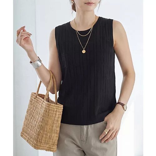 【スタイルデリ/STYLE DELI】のスクエア柄編みノースリニットトップス インテリア・キッズ・メンズ・レディースファッション・服の通販 founy(ファウニー) 　ファッション　Fashion　レディースファッション　Fashion for Women　トップス・カットソー　Cut & Sew Tops　ニット　Knit Tops & Sweaters　イエロー　Yellow　インナー　Innerwear　秋　Autumn　サロペット　Overalls, Salopette　シンプル　Simple, Minimal　ジャケット　Jacket, Outerwear　スクエア　Square, Square Shape　ストレート　Straight, Straight Cut　スリット　Slit, Slit Detail　タンク　Tank Top, Sleeveless Top　定番　Standard, Basic Item　ノースリーブ　Sleeveless, No-Sleeve　ポケット　Pocket, Pocket Detail　無地　Plain, Solid Color　ラウンド　Round, Round Neck　冬　Winter / This Winter　夏　Summer　ブラック|ID: prp329100004971007 ipo3291000000037278346