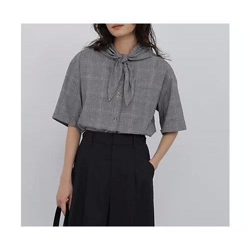 【ヒューマンウーマン/HUMAN WOMAN】の麻混チェック三角巾シャツ インテリア・キッズ・メンズ・レディースファッション・服の通販 founy(ファウニー) 　ファッション　Fashion　レディースファッション　Fashion for Women　トップス・カットソー　Cut & Sew Tops　シャツ・ブラウス・オフィスカジュアル　Elegant Blouses & Button-Ups　おすすめ　Recommended / Our Picks　スカーフ　Scarf, Neckwear　スタンダード　Standard, Basic　チェック　Check, Plaid, Tartan　ベーシック　Basic, Essential　ボトム　Bottoms, Lower Wear　リネン　Linen, Linen Fabric　リラックス　Relax, Relaxed Fit　ブラックチェック|ID: prp329100004985352 ipo3291000000037343862
