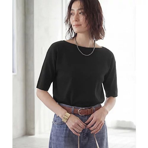 【スタイルデリ/STYLE DELI】のサラッとした5分袖ボートネックニットB インテリア・キッズ・メンズ・レディースファッション・服の通販 founy(ファウニー) 　ファッション　Fashion　レディースファッション　Fashion for Women　トップス・カットソー　Cut & Sew Tops　ニット　Knit Tops & Sweaters　イエロー　Yellow　インナー　Innerwear　軽量　Lightweight, Ultra Light　サロペット　Overalls, Salopette　ショルダー　Shoulder, Shoulder Strap　ジャケット　Jacket, Outerwear　ストレート　Straight, Straight Cut　スリット　Slit, Slit Detail　ドロップ　Drop Shoulder, Dropped Style　定番　Standard, Basic Item　手編み　Hand-Knitted, Handmade Knit　長袖　Long Sleeve, Full Sleeve　バランス　Balance, Style Balance　冬　Winter / This Winter　夏　Summer　ブラック|ID: prp329100004986460 ipo3291000000037350721