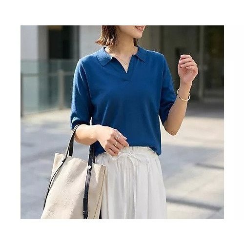 【スタイルデリ/STYLE DELI】の薄手シャリ感スキッパーニットトップス インテリア・キッズ・メンズ・レディースファッション・服の通販 founy(ファウニー) 　ファッション　Fashion　レディースファッション　Fashion for Women　トップス・カットソー　Cut & Sew Tops　ニット　Knit Tops & Sweaters　イエロー　Yellow　キャミ　Camisole, Cami Top　サロペット　Overalls, Salopette　シンプル　Simple, Minimal　ジャケット　Jacket, Outerwear　スキッパー　Skipper, Open Collar　ストレート　Straight, Straight Cut　スリット　Slit, Slit Detail　定番　Standard, Basic Item　ベスト　Vest, Waistcoat　夏　Summer　ディープブルー|ID: prp329100004990511 ipo3291000000037379806