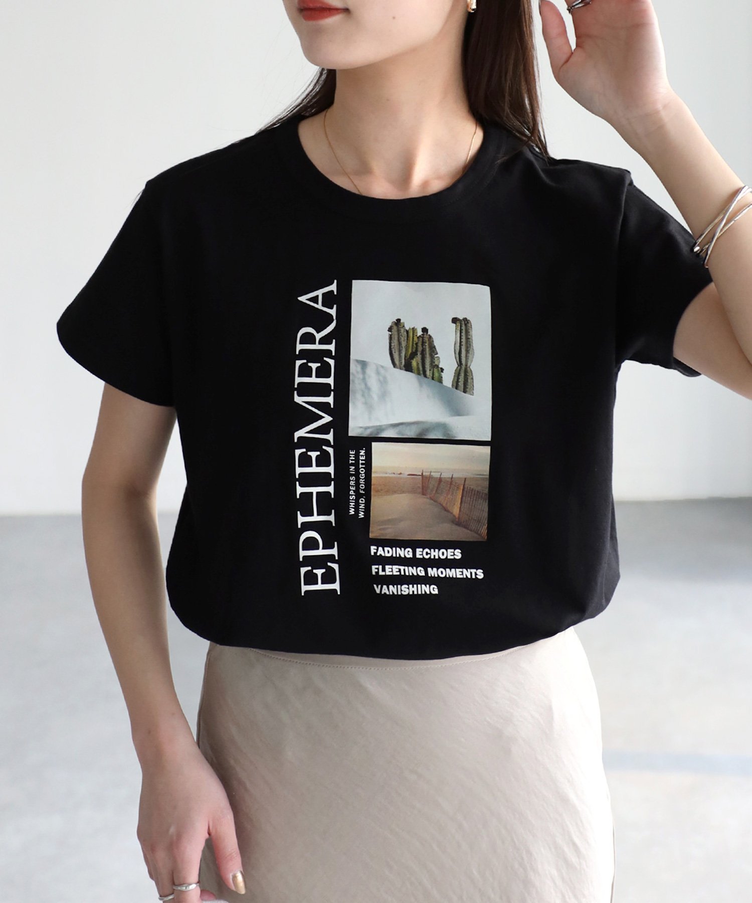 【リベリー/Riberry】のEPHEMERAフォトコンパクトTシャツ インテリア・キッズ・メンズ・レディースファッション・服の通販 founy(ファニー) 　ファッション　Fashion　レディースファッション　WOMEN　トップス・カットソー　Tops/Tshirt　シャツ/ブラウス　Shirts/Blouses　ロング / Tシャツ　T-Shirts　おすすめ　Recommend　インナー　Inner　キャミワンピース　Cami Dress　コンパクト　Compact　シンプル　Simple　ジャケット　Jacket　スラックス　Slacks　デニム　Denim　バランス　Balance　フェミニン　Feminine　フロント　Front　プリント　Print　ロング　Long　吸水　Water Absorption　夏　Summer　ブラック|ID: prp329100003968098 ipo3291000000026253394