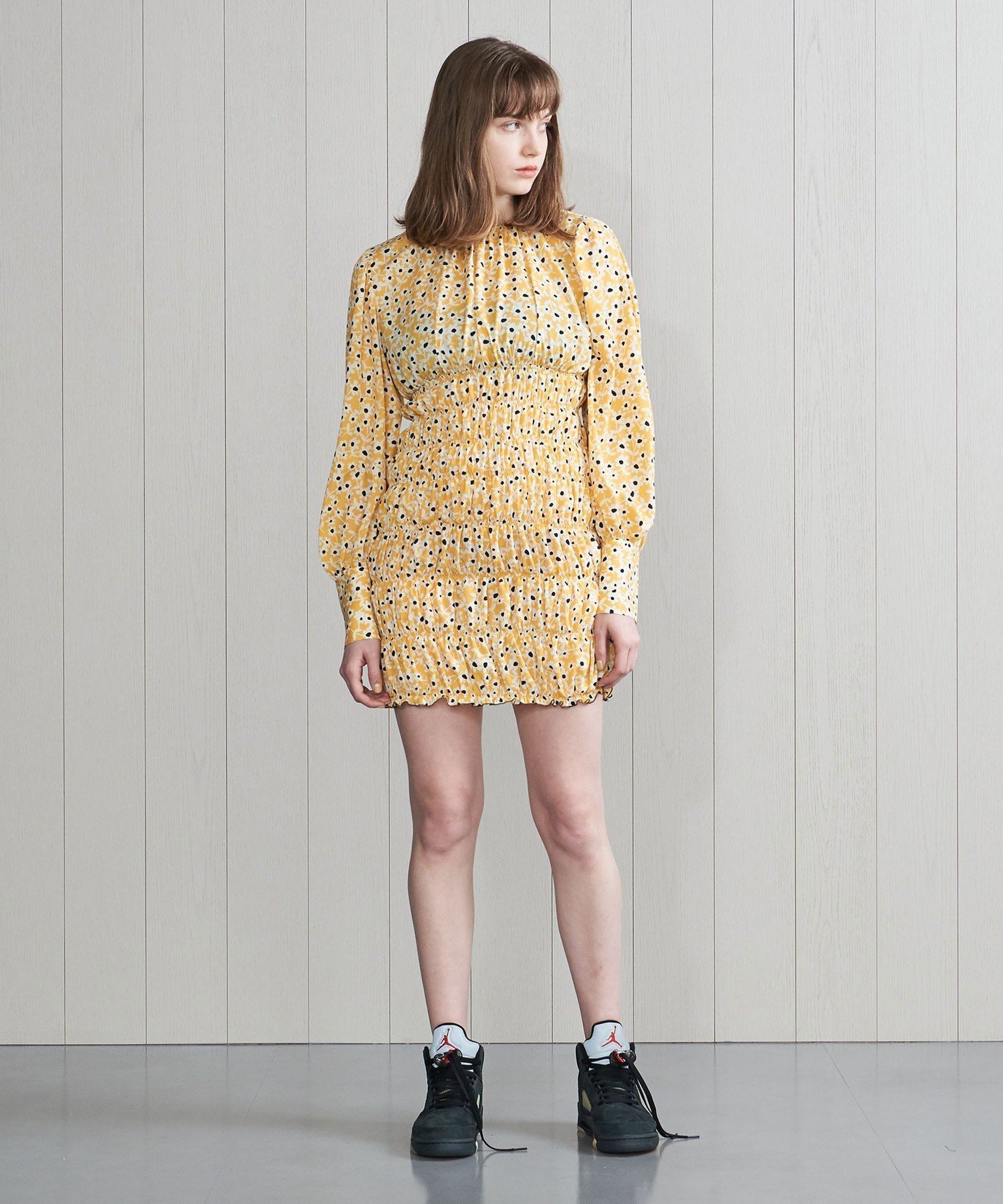 【その他のブランド/Other】のH FLOWER PRINT SHRRING DRESS/ワンピース インテリア・キッズ・メンズ・レディースファッション・服の通販 founy(ファニー) 　ファッション　Fashion　レディースファッション　WOMEN　ワンピース　Dress　ドレス　Party Dresses　イエロー　Yellow　カラフル　Colorful　ギャザー　Gather　シャーリング　Shirring　ジョーゼット　Georgette　バランス　Balance　フェミニン　Feminine　プリント　Print　マーガレット　Margaret　YELLOW|ID: prp329100004041584 ipo3291000000028065995