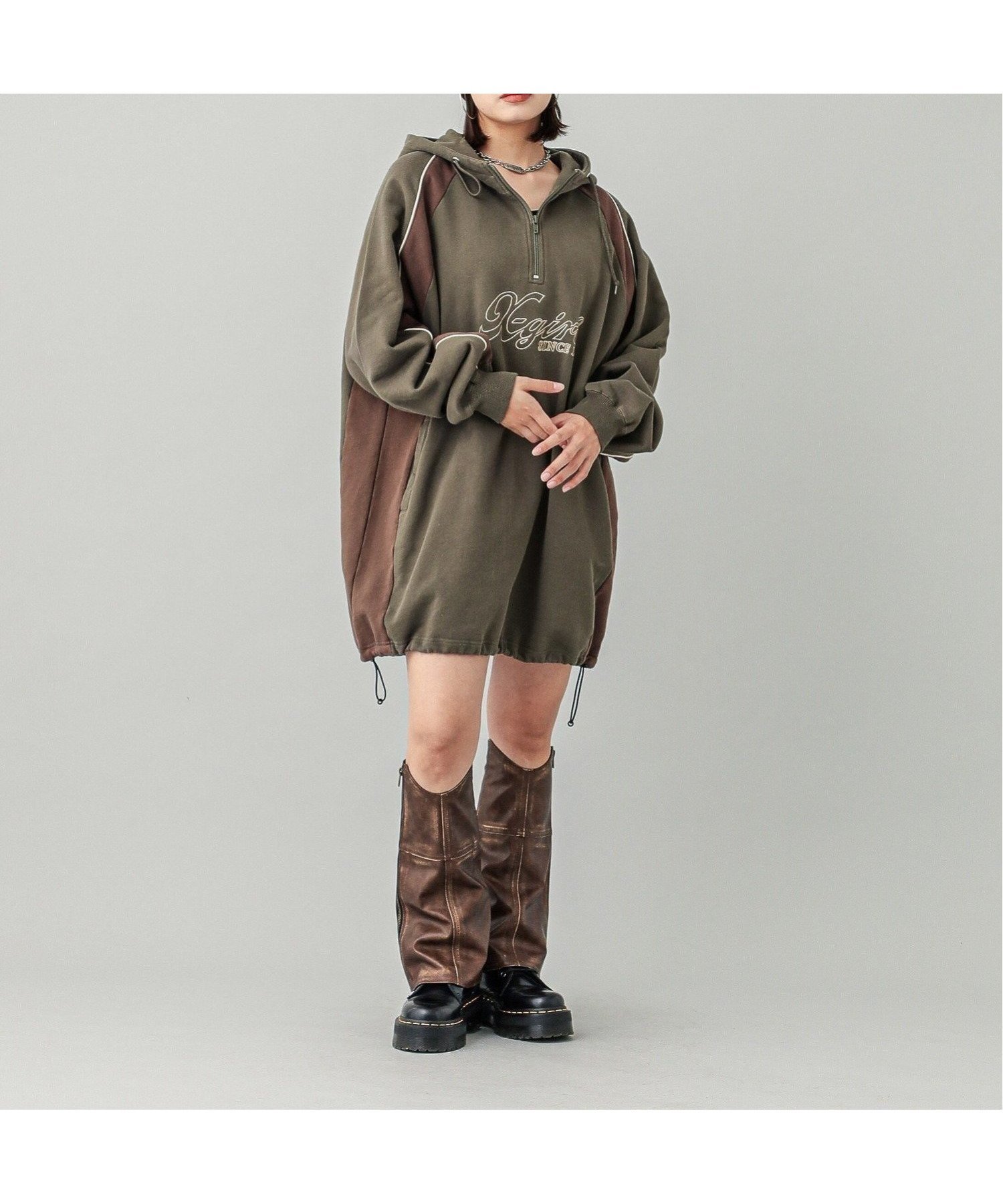 【エックスガール/X-girl】のPANELED SWEAT ANORAK DRESS X-girl インテリア・キッズ・メンズ・レディースファッション・服の通販 founy(ファニー) 　ファッション　Fashion　レディースファッション　WOMEN　トップス・カットソー　Tops/Tshirt　パーカ　Sweats　スウェット　Sweat　ワンピース　Dress　ドレス　Party Dresses　A/W・秋冬　Aw・Autumn/Winter・Fw・Fall-Winter　スウェット　Sweat　フロント　Front　ロング　Long　OLIVE|ID: prp329100004046364 ipo3291000000027599993