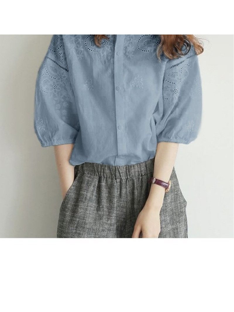 【ジュノア/JUNOAH】の刺繍ノーカラーレースブラウス インテリア・キッズ・メンズ・レディースファッション・服の通販 founy(ファニー) 　ファッション　Fashion　レディースファッション　WOMEN　トップス・カットソー　Tops/Tshirt　シャツ/ブラウス　Shirts/Blouses　ブルー|ID: prp329100004075540 ipo3291000000028302831