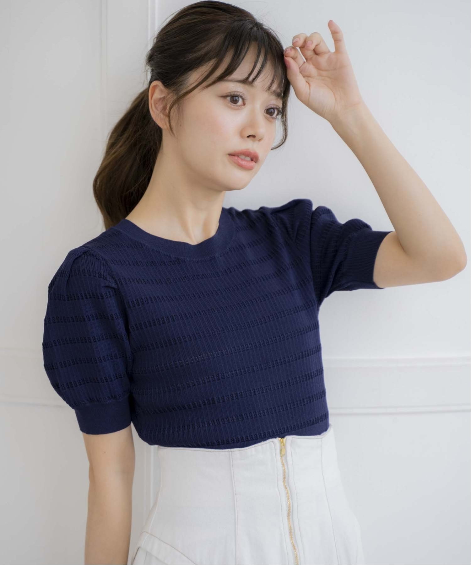 【ノエラ/Noela】の柄編みショートニット インテリア・キッズ・メンズ・レディースファッション・服の通販 founy(ファニー) 　ファッション　Fashion　レディースファッション　WOMEN　トップス・カットソー　Tops/Tshirt　ニット　Knit Tops　クロップド　Cropped　ショート　Short　ボーダー　Border　無地　Plain Color　ネイビー|ID: prp329100004079243 ipo3291000000027927259