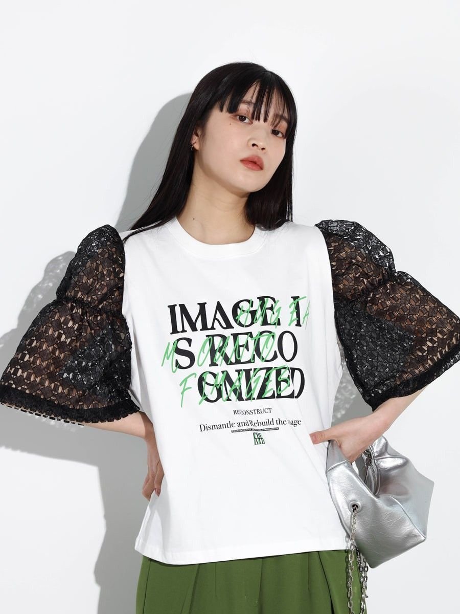 【ラシュッド/LASUD】のレーススリーブロゴTシャツ 人気、トレンドファッション・服の通販 founy(ファニー) 　ファッション　Fashion　レディースファッション　WOMEN　トップス・カットソー　Tops/Tshirt　シャツ/ブラウス　Shirts/Blouses　ロング / Tシャツ　T-Shirts　シンプル　Simple　スリーブ　Sleeve　パターン　Pattern　フォルム　Form　ベーシック　Basic　ボトム　Bottom　別注　Special Order　レース　Race　おすすめ　Recommend　 other-1|ID: prp329100004096405 ipo3291000000029265298