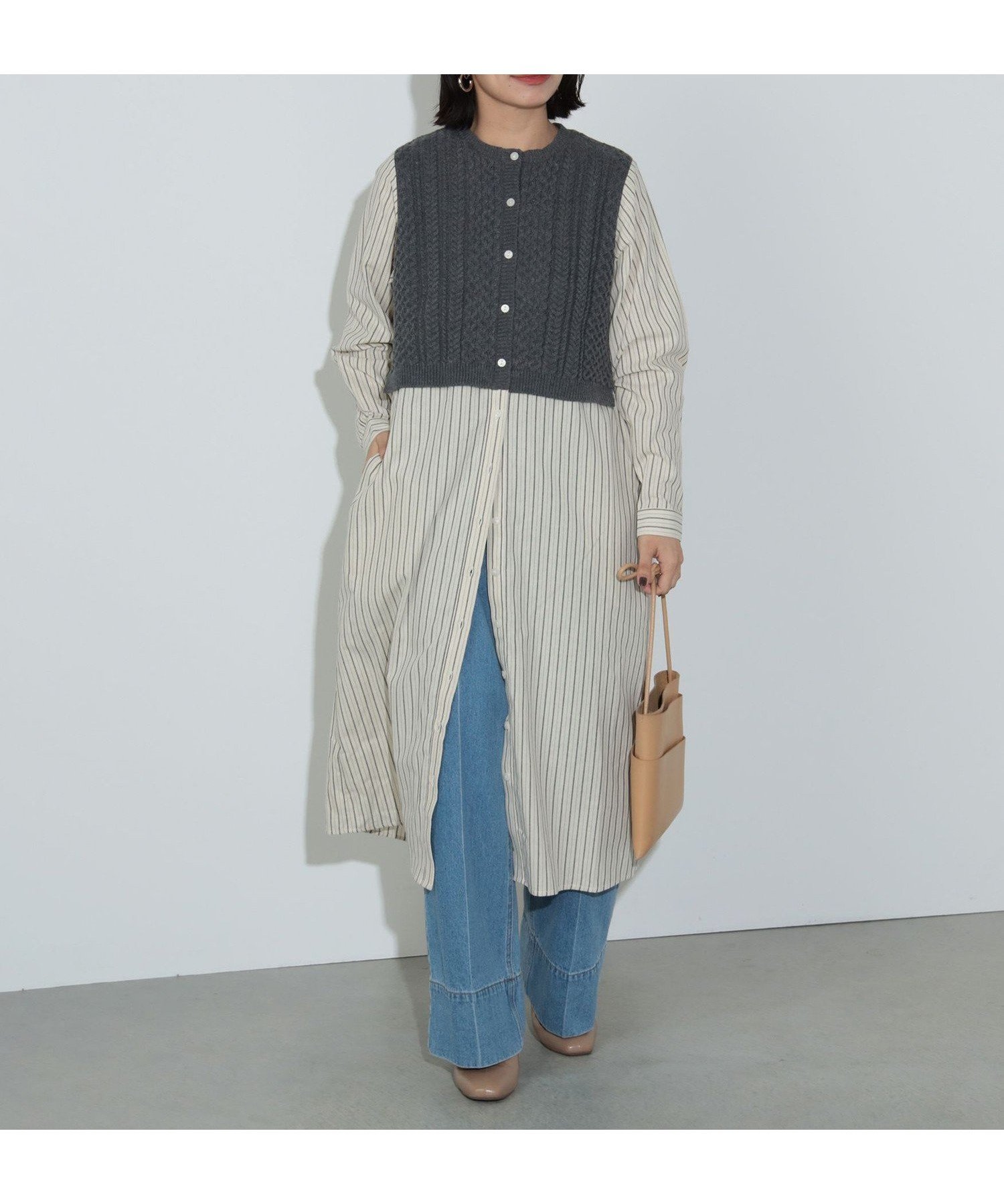 【ビームス ハート/BEAMS HEART】のニットベスト * ストライプ柄ワンピース セット(セットアイテム) 24AW インテリア・キッズ・メンズ・レディースファッション・服の通販 founy(ファニー) 　ファッション　Fashion　レディースファッション　WOMEN　アウター　Coat Outerwear　2024年　2024　2024-2025秋冬・A/W　Aw/Autumn/Winter/Fw/Fall/2024-2025　おすすめ　Recommend　くるぶし　Ankle　クロップド　Cropped　ストライプ　Stripe　ストレート　Straight　デニム　Denim　トレンド　Trend　ドッキング　Docking　ベスト　Vest　GREY×IVORY|ID: prp329100004134085 ipo3291000000028284970