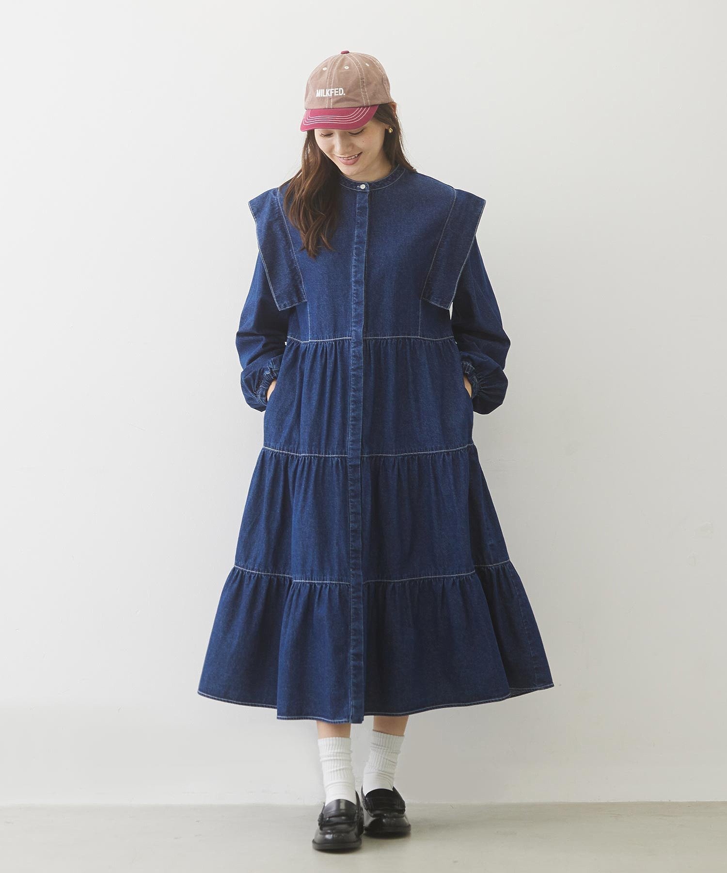 【ミルクフェド/MILKFED.】のDENIM TIERED DRESS インテリア・キッズ・メンズ・レディースファッション・服の通販 founy(ファニー) 　ファッション　Fashion　レディースファッション　WOMEN　ワンピース　Dress　ドレス　Party Dresses　おすすめ　Recommend　ガウン　Gown　スクエア　Square　スリーブ　Sleeve　デニム　Denim　バランス　Balance　ロング　Long　LtINDIGO|ID: prp329100004137834 ipo3291000000028342310