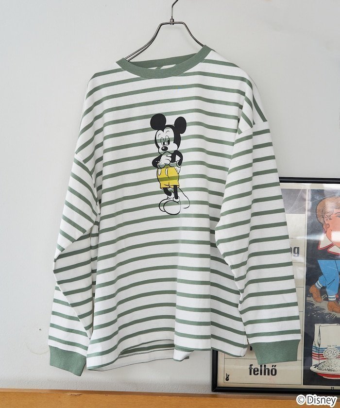 【フリークスストア/FREAK'S STORE】の別注/Mickey Mouse/ミッキーマウス ボーダーロングスリーブTシャツ【限定展開】 24AW インテリア・キッズ・メンズ・レディースファッション・服の通販 founy(ファニー) 　ファッション　Fashion　レディースファッション　WOMEN　トップス・カットソー　Tops/Tshirt　シャツ/ブラウス　Shirts/Blouses　ロング / Tシャツ　T-Shirts　2024年　2024　2024-2025秋冬・A/W　Aw/Autumn/Winter/Fw/Fall/2024-2025　A/W・秋冬　Aw・Autumn/Winter・Fw・Fall-Winter　冬　Winter　スペシャル　Special　スリーブ　Sleeve　プリント　Print　ボーダー　Border　ロング　Long　ヴィンテージ　Vintage　別注　Special Order　グリーン×オフホワイト|ID: prp329100004139259 ipo3291000000028904058