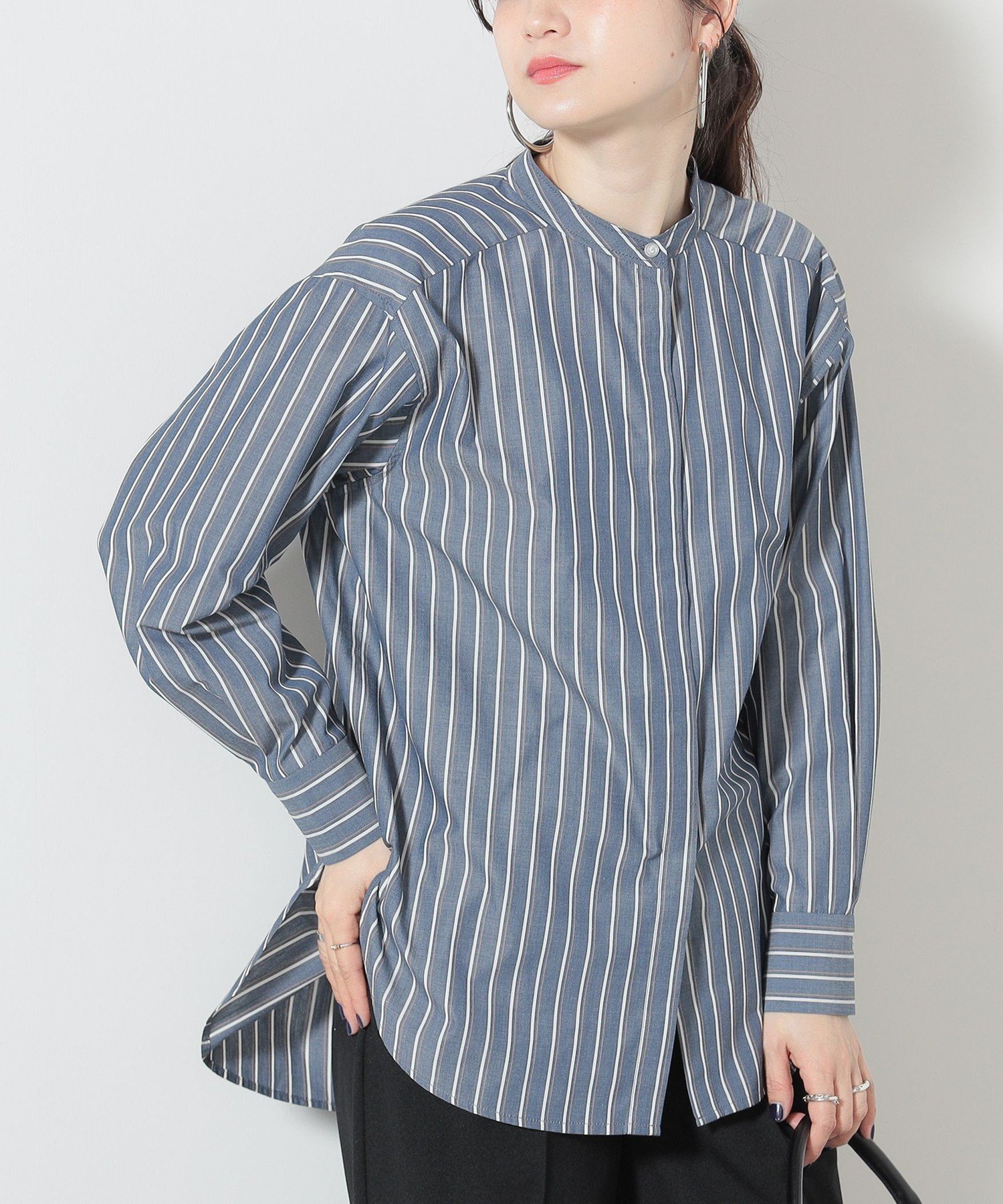 【ビームス ハート/BEAMS HEART】のBEAMS HEART / バンドカラー オーバーシャツ インテリア・キッズ・メンズ・レディースファッション・服の通販 founy(ファニー) 　ファッション　Fashion　レディースファッション　WOMEN　トップス・カットソー　Tops/Tshirt　シャツ/ブラウス　Shirts/Blouses　ストレート　Straight　トレンド　Trend　人気　Popularity　ベスト　Vest　ボックス　Box　ラウンド　Round　ワイド　Wide　おすすめ　Recommend　NAVY STRIPE|ID: prp329100004145283 ipo3291000000028479921