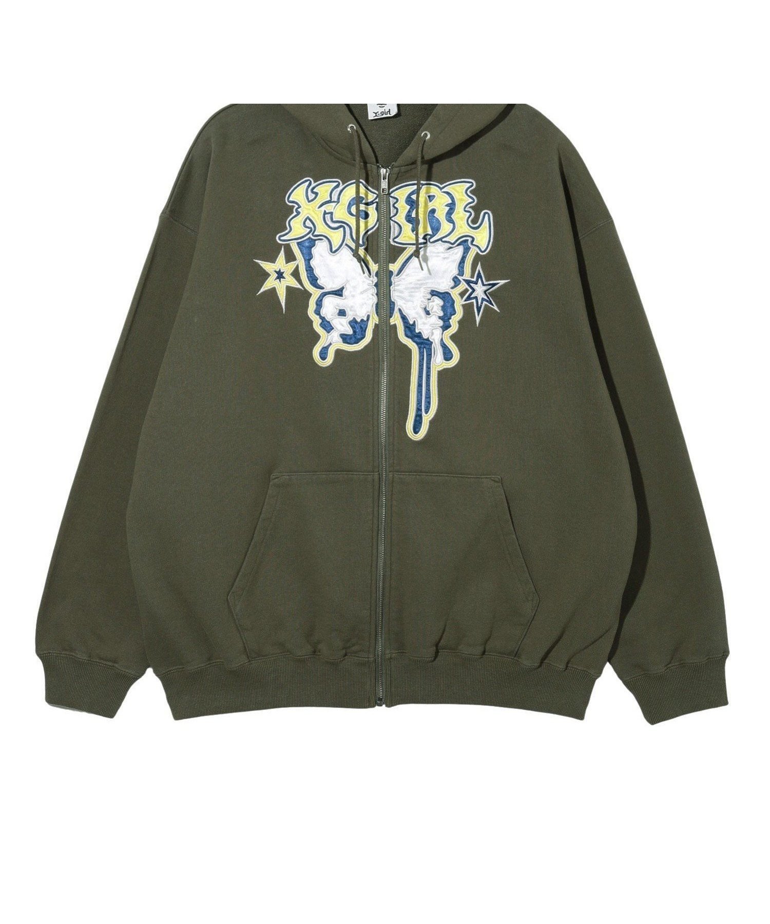 【エックスガール/X-girl】のBUTTERFLY ZIP UP HOODIE インテリア・キッズ・メンズ・レディースファッション・服の通販 founy(ファニー) 　ファッション　Fashion　レディースファッション　WOMEN　A/W・秋冬　Aw・Autumn/Winter・Fw・Fall-Winter　おすすめ　Recommend　カーゴパンツ　Cargo Pants　グラフィック　Graphic　サテン　Satin　スウェット　Sweat　デニム　Denim　バタフライ　Butterfly　ビッグ　Big　ミニスカート　Mini Skirt　モチーフ　Motif　定番　Standard　OLIVE|ID: prp329100004162192 ipo3291000000028993391