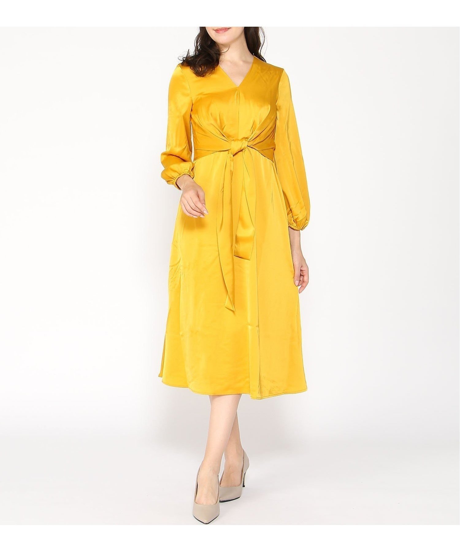 【バナナリパブリック ファクトリーストア/BANANA REPUBLIC FACTORY STORE】のBANANA REPUBLIC FACTORY STORE LS SATIN KNOTTED FNF MIDI DRESS 人気、トレンドファッション・服の通販 founy(ファニー) 　ファッション　Fashion　レディースファッション　WOMEN　ワンピース　Dress　ドレス　Party Dresses　イエロー　Yellow　エレガント 上品　Elegant　サテン　Satin　フレア　Flare　 other-1|ID: prp329100004162551 ipo3291000000028743412