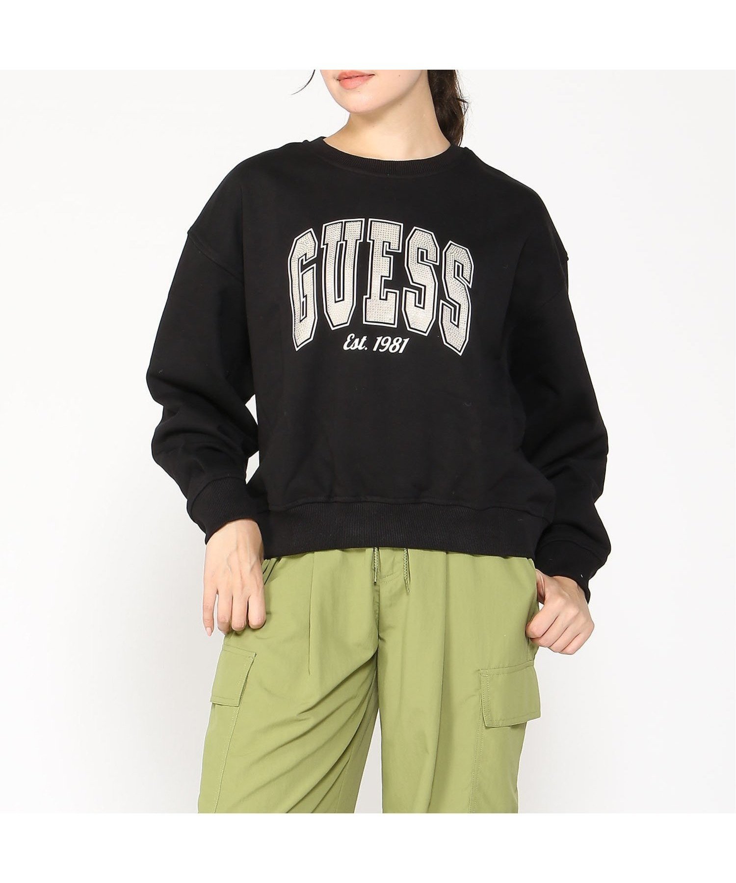 【ゲス/GUESS】のCN College Sweatshirt インテリア・キッズ・メンズ・レディースファッション・服の通販 founy(ファニー) 　ファッション　Fashion　レディースファッション　WOMEN　トップス・カットソー　Tops/Tshirt　シャツ/ブラウス　Shirts/Blouses　パーカ　Sweats　ロング / Tシャツ　T-Shirts　スウェット　Sweat　ブラック|ID: prp329100004163757 ipo3291000000028759358