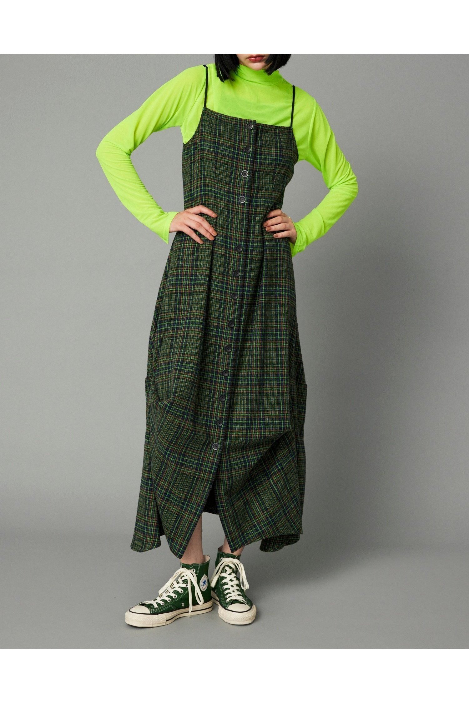 【ヘリンドットサイ/HeRIN.CYE】のCheck long dress インテリア・キッズ・メンズ・レディースファッション・服の通販 founy(ファニー) 　ファッション　Fashion　レディースファッション　WOMEN　ワンピース　Dress　ドレス　Party Dresses　おすすめ　Recommend　インナー　Inner　チェック　Check　フォルム　Form　フロント　Front　ヘムライン　Hemline　柄GRN5|ID: prp329100004167867 ipo3291000000028826105