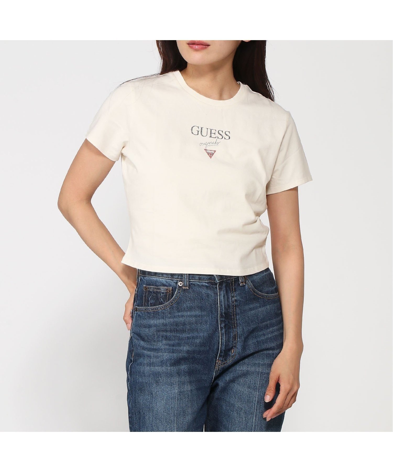 【ゲス/GUESS】のBaker Baby Tee インテリア・キッズ・メンズ・レディースファッション・服の通販 founy(ファニー) 　ファッション　Fashion　レディースファッション　WOMEN　ショート　Short　シンプル　Simple　スリーブ　Sleeve　テクスチャー　Texture　デニム　Denim　ボトム　Bottom　ホワイト系その他|ID: prp329100004179260 ipo3291000000028950822