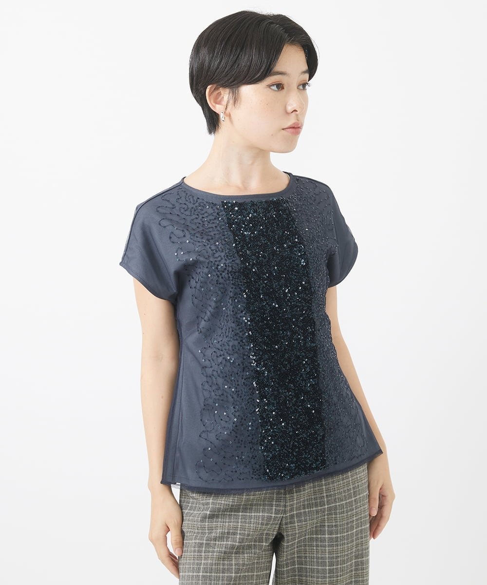 【その他のブランド/Other】のスパンコール刺繍フレンチスリーブカットソー インテリア・キッズ・メンズ・レディースファッション・服の通販 founy(ファニー) 　ファッション　Fashion　レディースファッション　WOMEN　トップス・カットソー　Tops/Tshirt　カットソー　Cut and Sewn　おすすめ　Recommend　インナー　Inner　カットソー　Cut And Sew　カーディガン　Cardigan　グラデーション　Gradation　ジャケット　Jacket　ジャージー　Jersey　スパンコール　Sequins　スリーブ　Sleeve　チュール　Tulle　フレンチ　French　ロング　Long　羽織　Haori　ネイビー|ID: prp329100004187875 ipo3291000000029014250