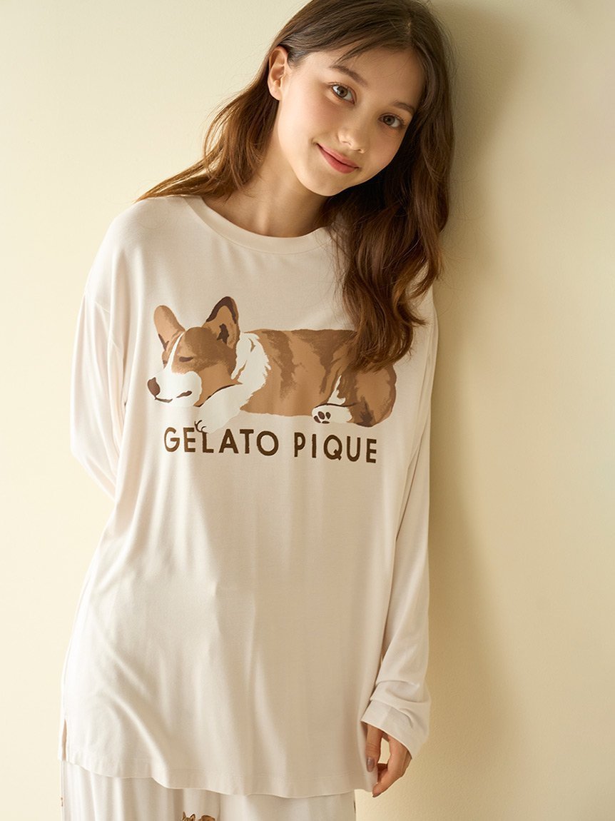 【ジェラート ピケ/gelato pique】のSLEEPING DOGワンポイントロンT 人気、トレンドファッション・服の通販 founy(ファニー) 　ファッション　Fashion　レディースファッション　WOMEN　トップス・カットソー　Tops/Tshirt　ロング / Tシャツ　T-Shirts　おすすめ　Recommend　なめらか　Smooth　イラスト　Illustration　カットソー　Cut And Sew　フレンチ　French　ロング　Long　ワンポイント　One Point　手描き　Hand Drawn　犬　Dog　 other-1|ID: prp329100004201334 ipo3291000000029108923