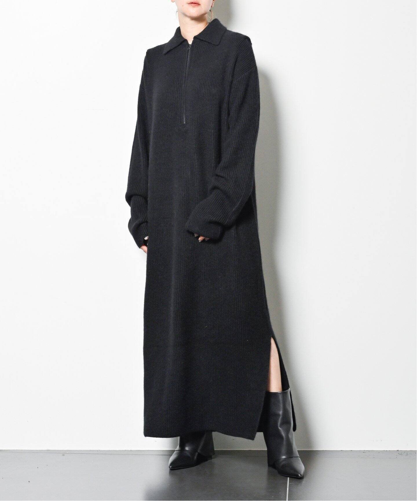 【シティーショップ/CITYSHOP】のZIP UP KNIT DRESS ワンピース インテリア・キッズ・メンズ・レディースファッション・服の通販 founy(ファニー) 　ファッション　Fashion　レディースファッション　WOMEN　ワンピース　Dress　ドレス　Party Dresses　2024年　2024　2024-2025秋冬・A/W　Aw/Autumn/Winter/Fw/Fall/2024-2025　A/W・秋冬　Aw・Autumn/Winter・Fw・Fall-Winter　ジップ　Zip　スリット　Slit　ドレス　Dress　バランス　Balance　フラット　Flat　ロング　Long　畦　Ridge　ブラック|ID: prp329100004202192 ipo3291000000029113093