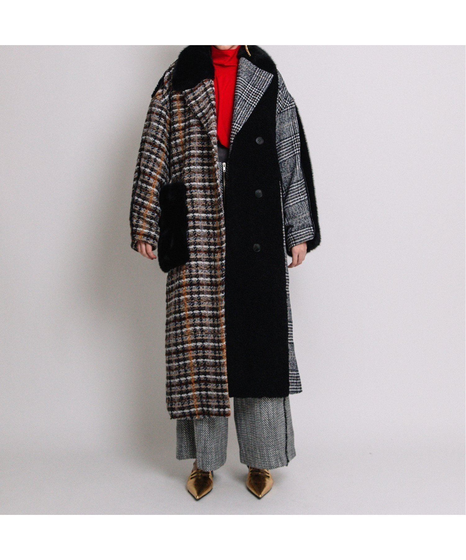 【アウラアイラ/AULA AILA】のASYMMETRY COMBINATION COAT 人気、トレンドファッション・服の通販 founy(ファニー) 　ファッション　Fashion　レディースファッション　WOMEN　アウター　Coat Outerwear　コート　Coats　ショルダー　Shoulder　チェック　Check　ツイード　Tweed　ドロップ　Drop　フロント　Front　ポケット　Pocket　ロング　Long　 other-1|ID: prp329100004209319 ipo3291000000029183804